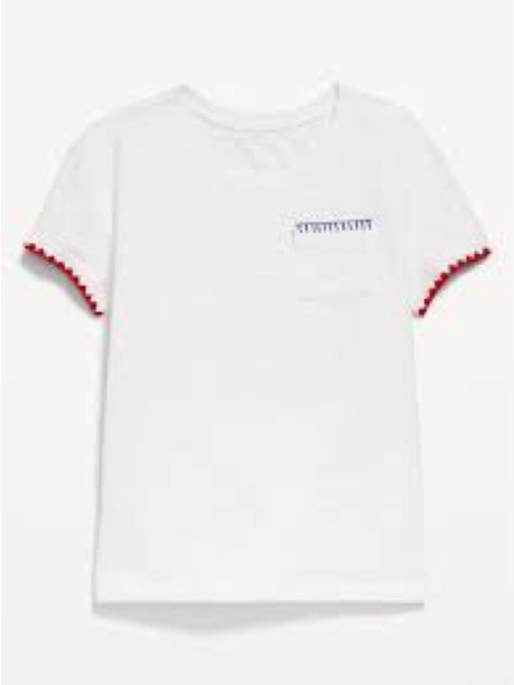 Old Navy White Short-Sleeve Tee with Red Trim and Blue Pocket Stitch